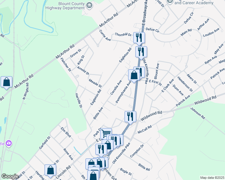 map of restaurants, bars, coffee shops, grocery stores, and more near 2415 Cecelia Avenue in Maryville
