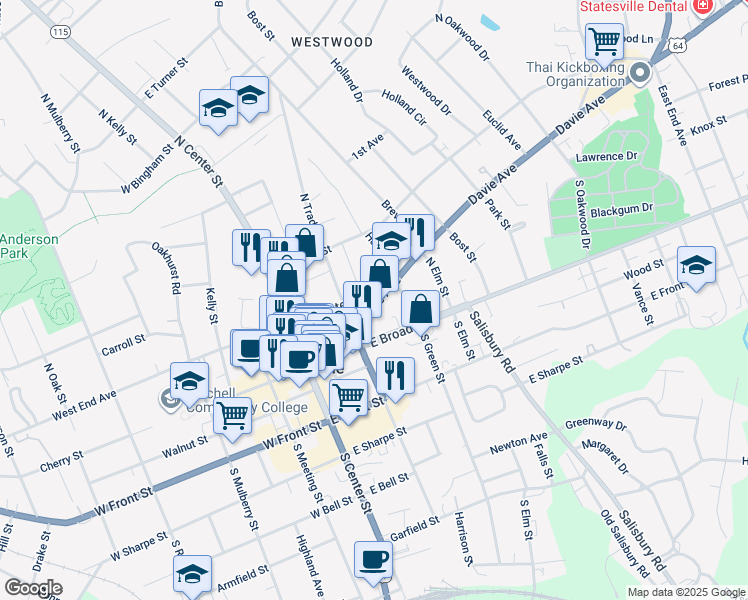 map of restaurants, bars, coffee shops, grocery stores, and more near 220 East Water Street in Statesville