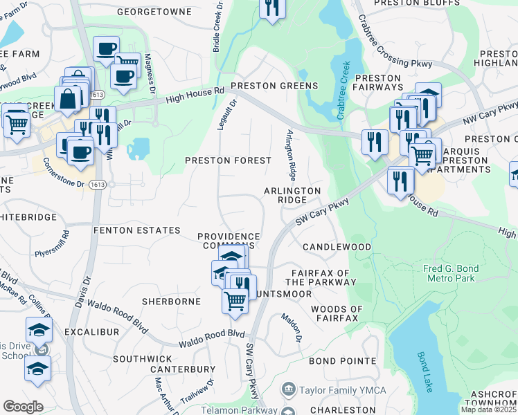 map of restaurants, bars, coffee shops, grocery stores, and more near 202 Stablegate Dr in Cary