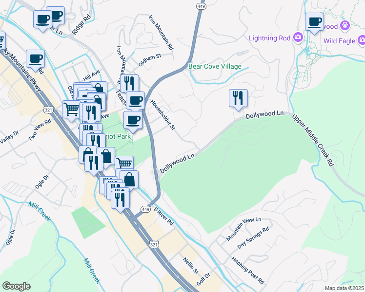 map of restaurants, bars, coffee shops, grocery stores, and more near 3604 Householder Street in Pigeon Forge