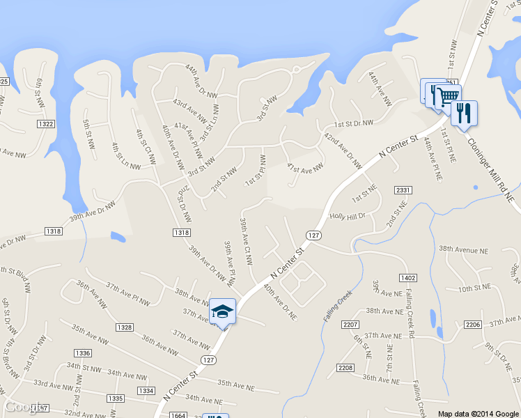 map of restaurants, bars, coffee shops, grocery stores, and more near 190 39th Avenue Court Northwest in Hickory