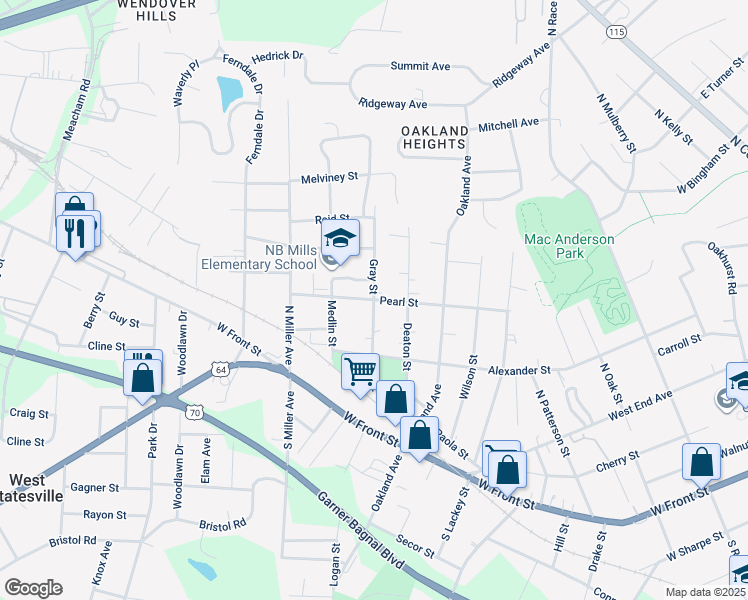 map of restaurants, bars, coffee shops, grocery stores, and more near 1410 Pearl Street in Statesville