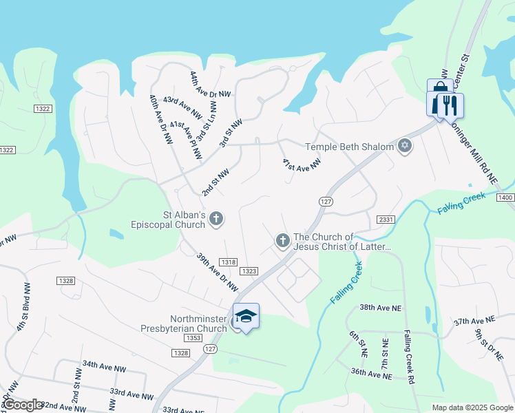 map of restaurants, bars, coffee shops, grocery stores, and more near 190 39th Avenue Court Northwest in Hickory