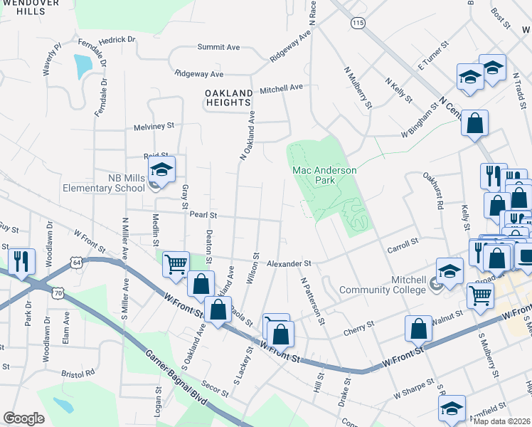 map of restaurants, bars, coffee shops, grocery stores, and more near 405 North Lackey Street in Statesville