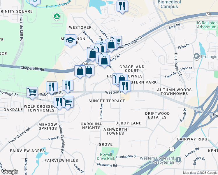 map of restaurants, bars, coffee shops, grocery stores, and more near 414 Heather Drive in Raleigh