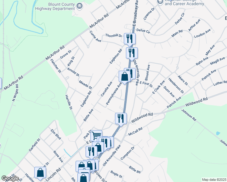 map of restaurants, bars, coffee shops, grocery stores, and more near 2377 Pennsylvania Avenue in Maryville