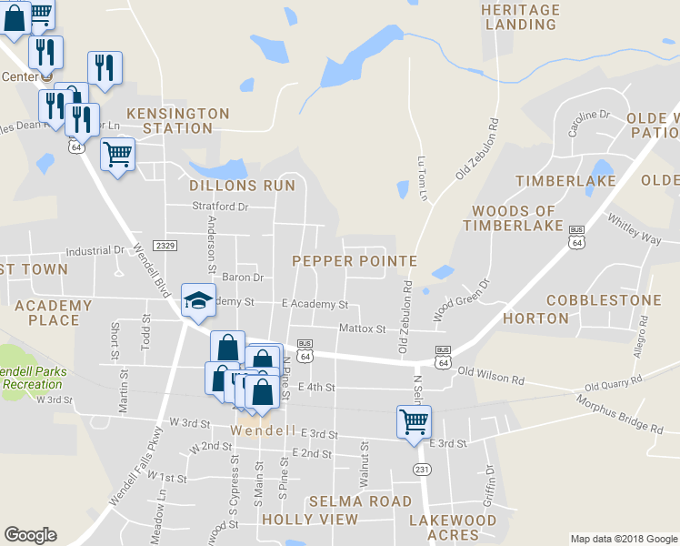 map of restaurants, bars, coffee shops, grocery stores, and more near 501 Lemon Pepper Place in Wendell