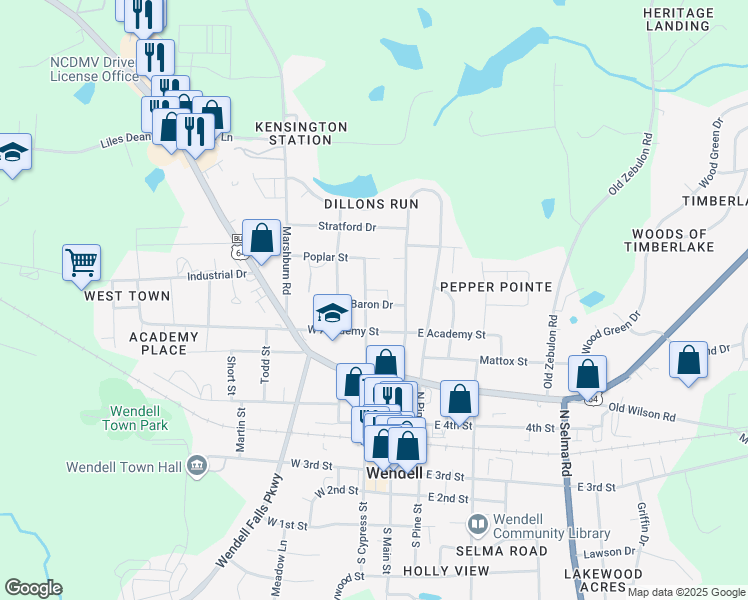 map of restaurants, bars, coffee shops, grocery stores, and more near 502 North Cypress Street in Wendell