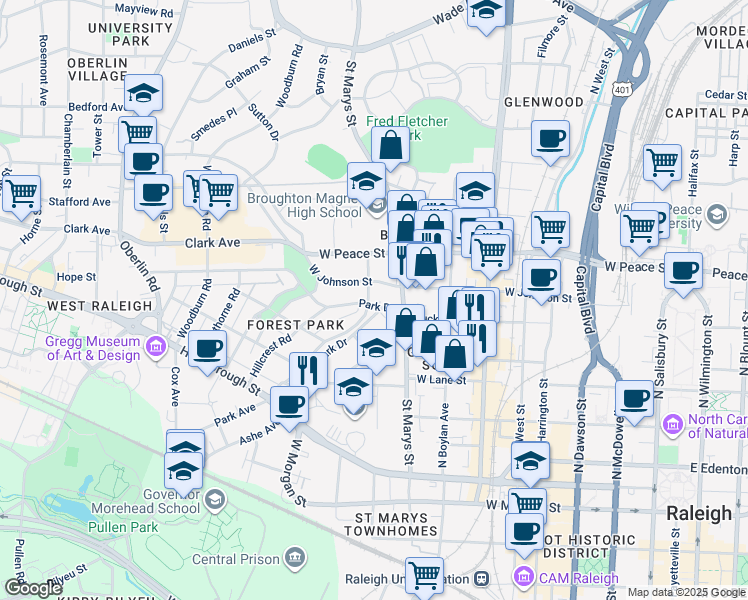 map of restaurants, bars, coffee shops, grocery stores, and more near 1400 Park Drive in Raleigh