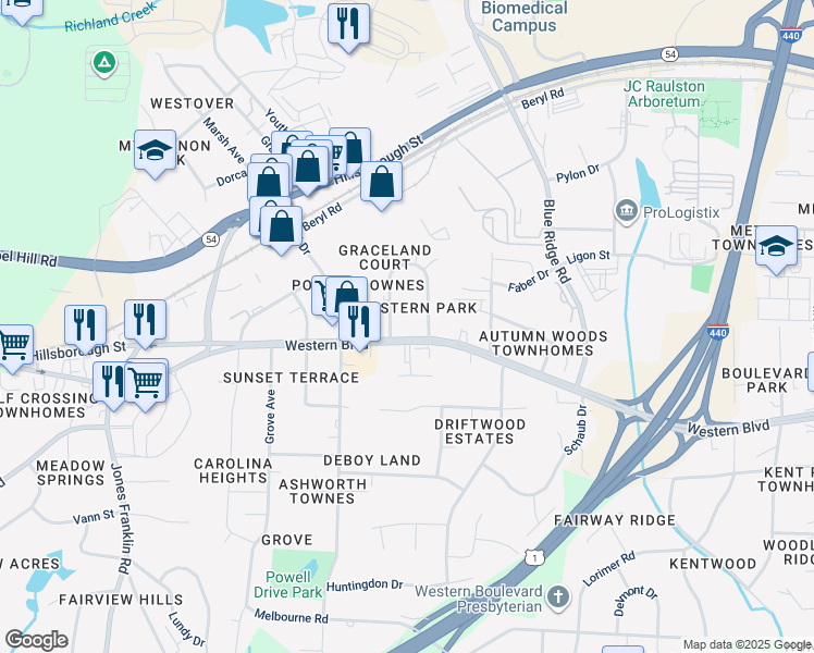 map of restaurants, bars, coffee shops, grocery stores, and more near 5010 Western Boulevard in Raleigh