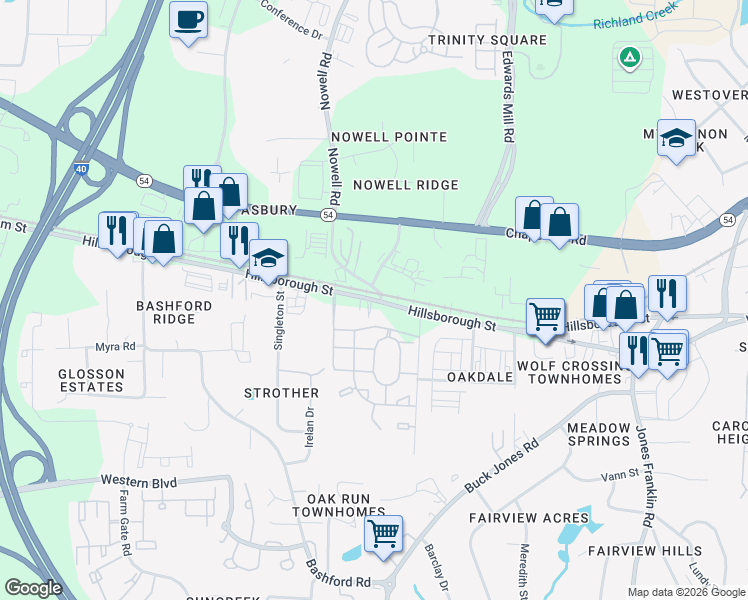 map of restaurants, bars, coffee shops, grocery stores, and more near 6013 Hillsborough Street in Raleigh