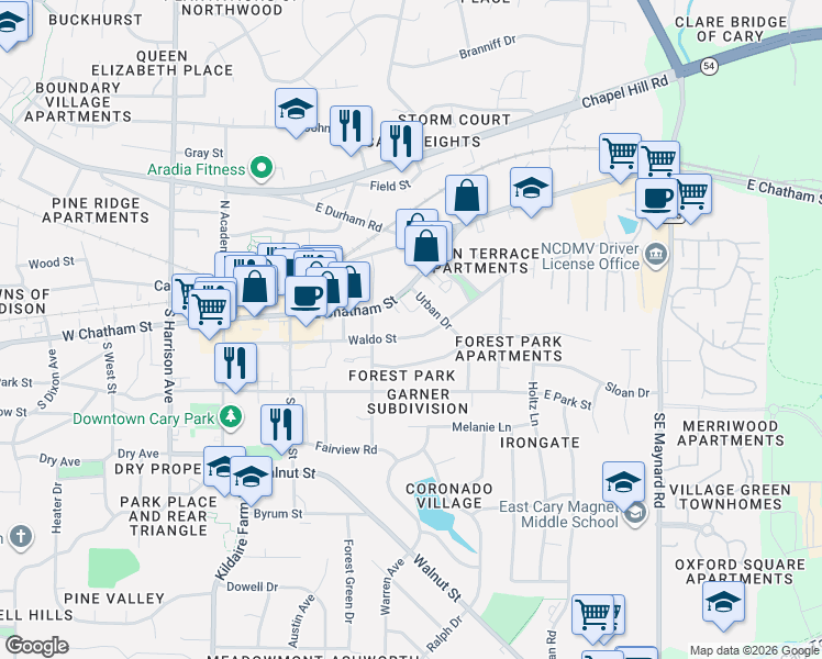 map of restaurants, bars, coffee shops, grocery stores, and more near 319 Waldo Street in Cary