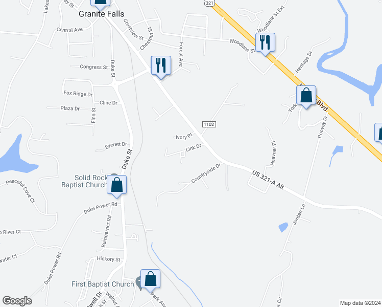 map of restaurants, bars, coffee shops, grocery stores, and more near 2971 Link Dr in Granite Falls