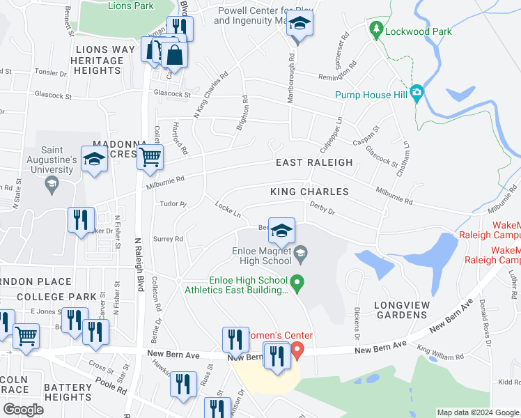 map of restaurants, bars, coffee shops, grocery stores, and more near 2320 Derby Drive in Raleigh