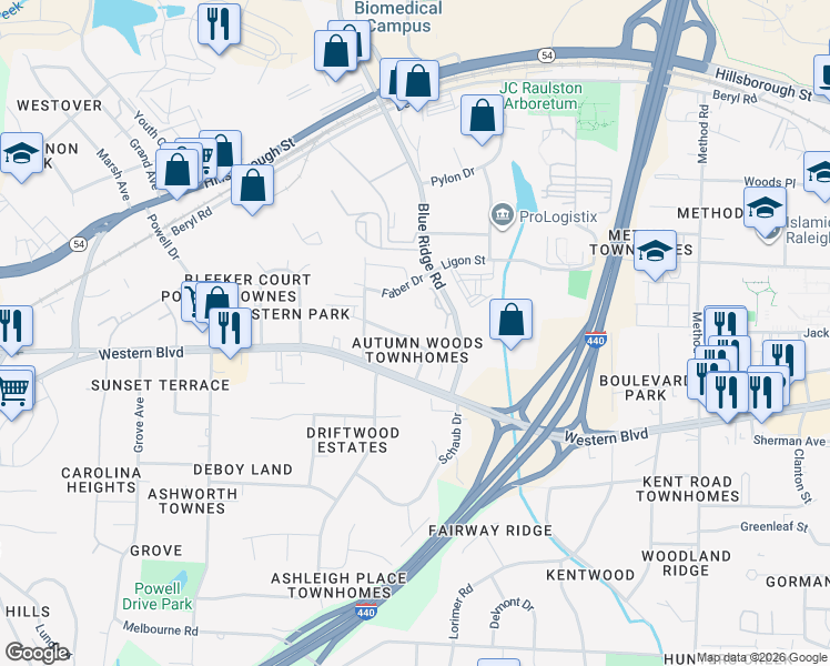 map of restaurants, bars, coffee shops, grocery stores, and more near 4720 Altha Street in Raleigh