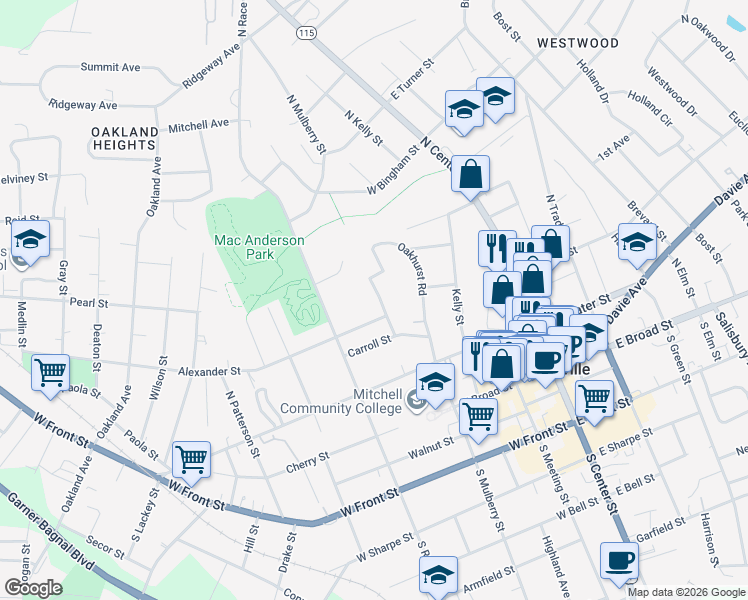 map of restaurants, bars, coffee shops, grocery stores, and more near 331 North Mulberry Street in Statesville