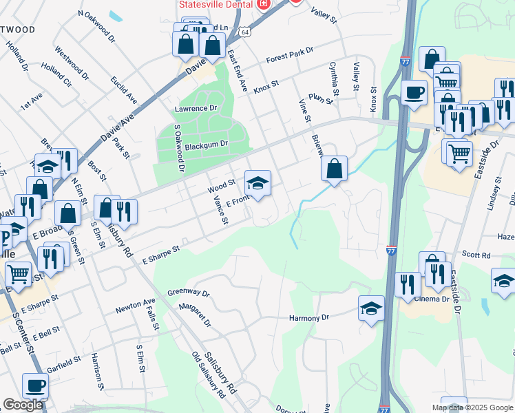 map of restaurants, bars, coffee shops, grocery stores, and more near 321 Clegg Street in Statesville