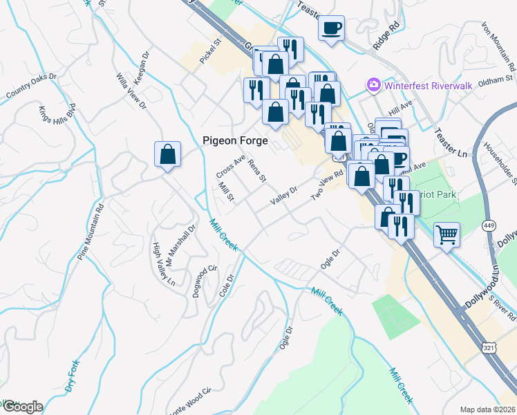 map of restaurants, bars, coffee shops, grocery stores, and more near 312 Valley Drive in Pigeon Forge
