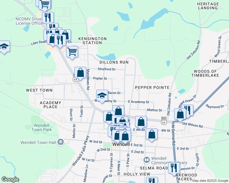 map of restaurants, bars, coffee shops, grocery stores, and more near 502 North Cypress Street in Wendell