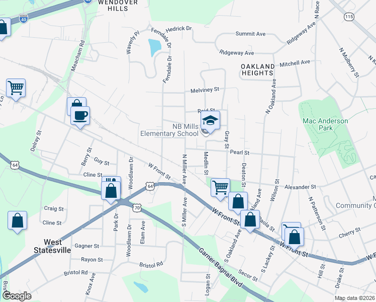 map of restaurants, bars, coffee shops, grocery stores, and more near 328 North Miller Avenue in Statesville