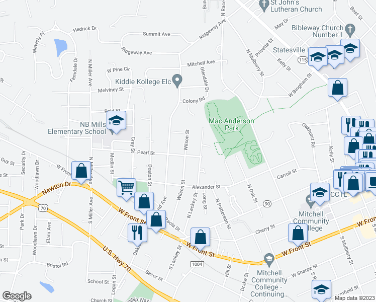 map of restaurants, bars, coffee shops, grocery stores, and more near 408 Wilson Street in Statesville
