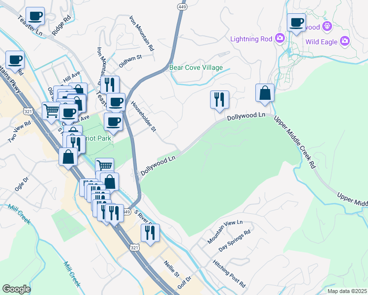 map of restaurants, bars, coffee shops, grocery stores, and more near 503 Dollywood Lane in Pigeon Forge