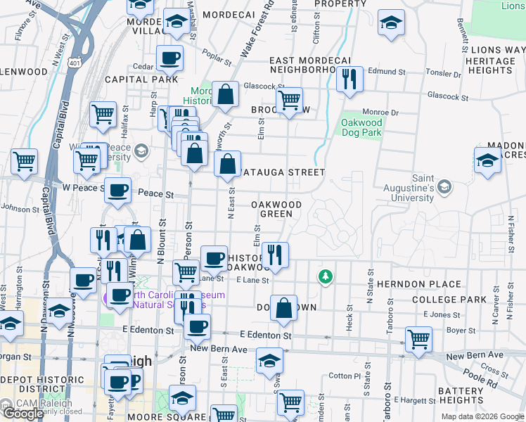 map of restaurants, bars, coffee shops, grocery stores, and more near 522 Elm Street in Raleigh