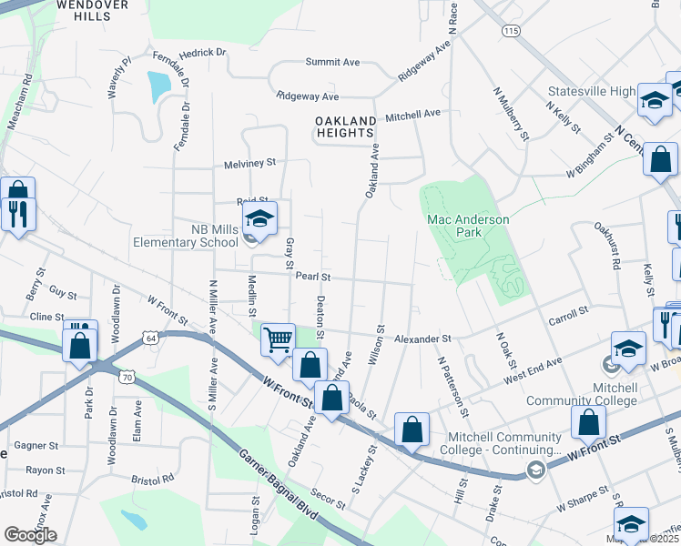 map of restaurants, bars, coffee shops, grocery stores, and more near 1212 Pearl Street in Statesville