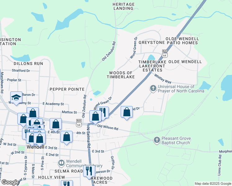 map of restaurants, bars, coffee shops, grocery stores, and more near 62 Wood Green Drive in Wendell