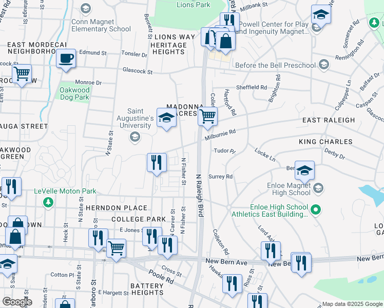 map of restaurants, bars, coffee shops, grocery stores, and more near 2030 Booker Drive in Raleigh