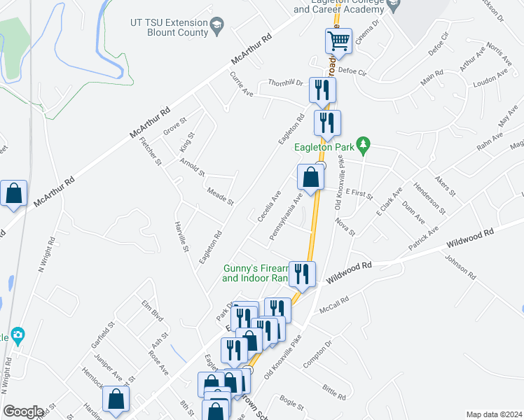 map of restaurants, bars, coffee shops, grocery stores, and more near 2417 Cecelia Avenue in Maryville