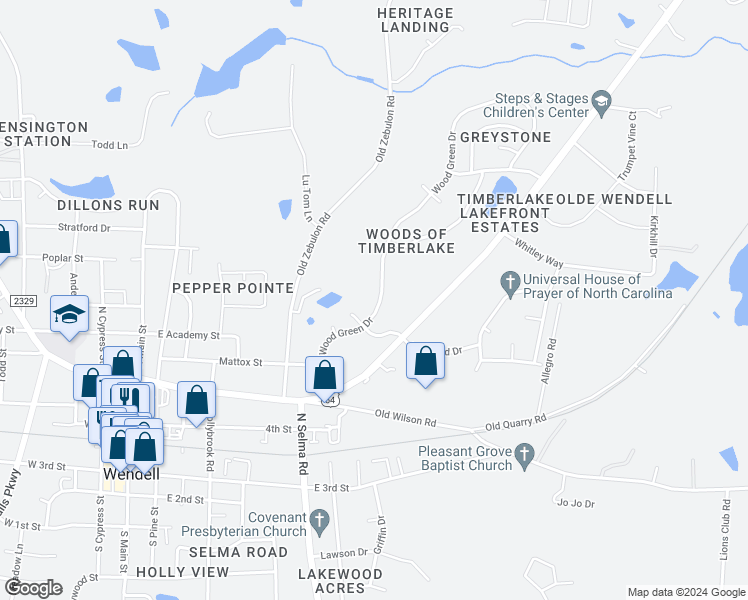 map of restaurants, bars, coffee shops, grocery stores, and more near 59 Wood Green Drive in Wendell
