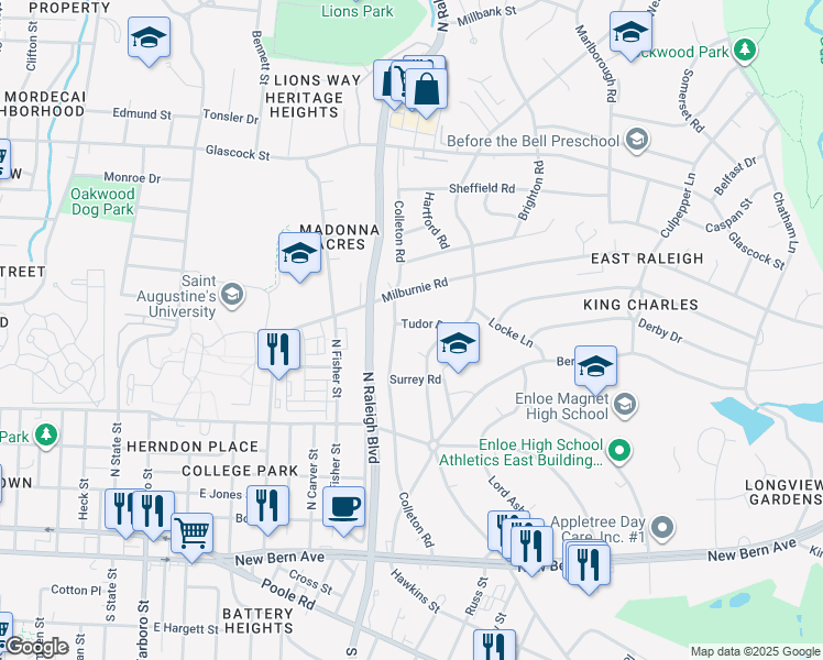 map of restaurants, bars, coffee shops, grocery stores, and more near 2106 Tudor Place in Raleigh
