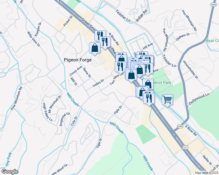 map of restaurants, bars, coffee shops, grocery stores, and more near 209 Two View Road in Pigeon Forge