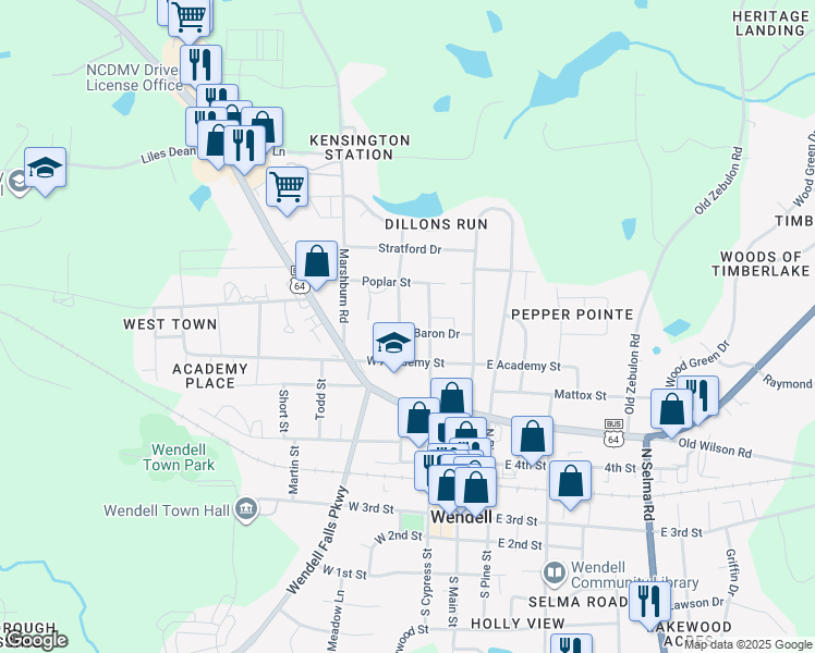 map of restaurants, bars, coffee shops, grocery stores, and more near 502 Anderson Street in Wendell