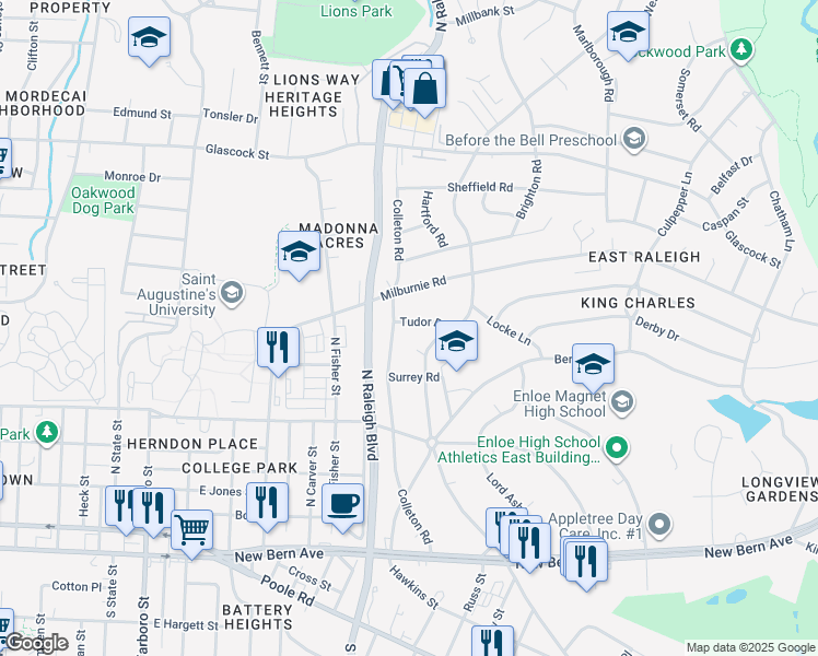 map of restaurants, bars, coffee shops, grocery stores, and more near 2106 Tudor Place in Raleigh