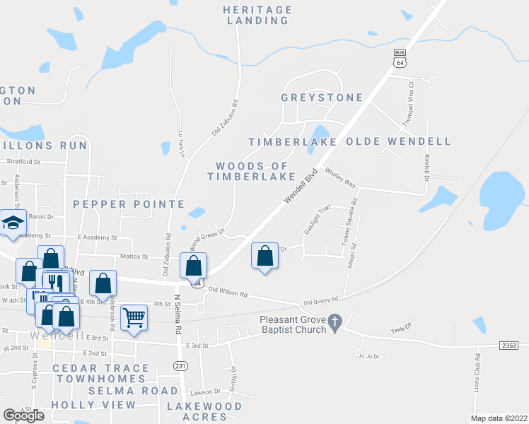 map of restaurants, bars, coffee shops, grocery stores, and more near 4251 Wendell Boulevard in Wendell