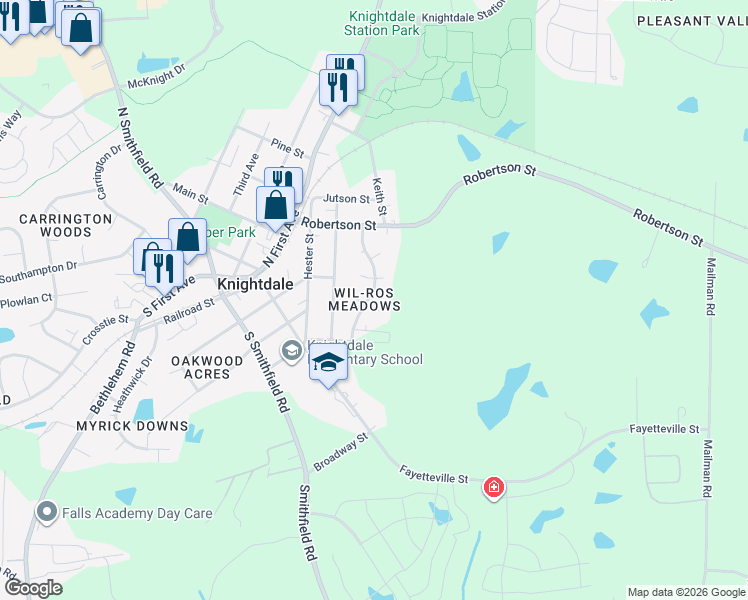 map of restaurants, bars, coffee shops, grocery stores, and more near 101 Sir Scott in Knightdale