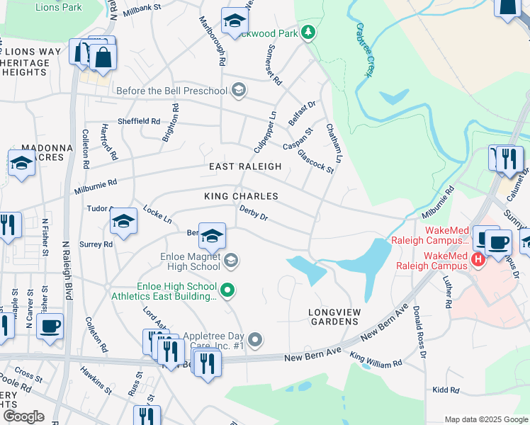 map of restaurants, bars, coffee shops, grocery stores, and more near 2425 Derby Drive in Raleigh