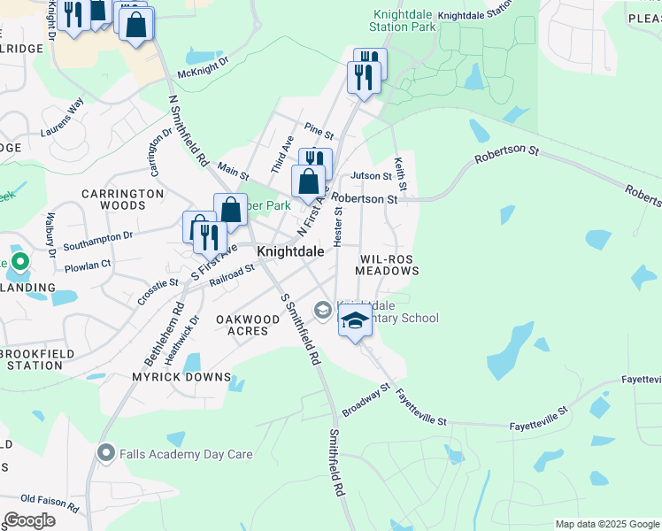 map of restaurants, bars, coffee shops, grocery stores, and more near 207 Hester Street in Knightdale