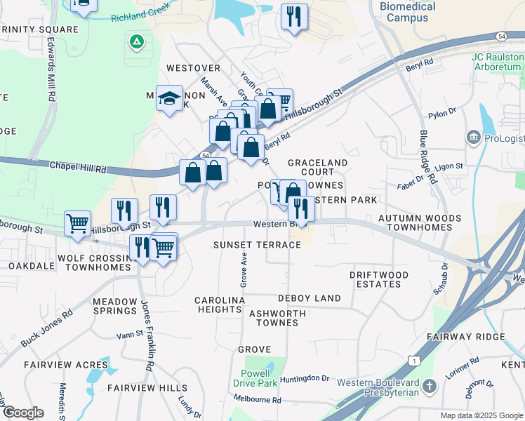map of restaurants, bars, coffee shops, grocery stores, and more near 414 Heather Drive in Raleigh