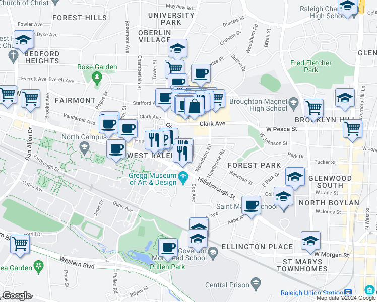 map of restaurants, bars, coffee shops, grocery stores, and more near 207 Oberlin Road in Raleigh