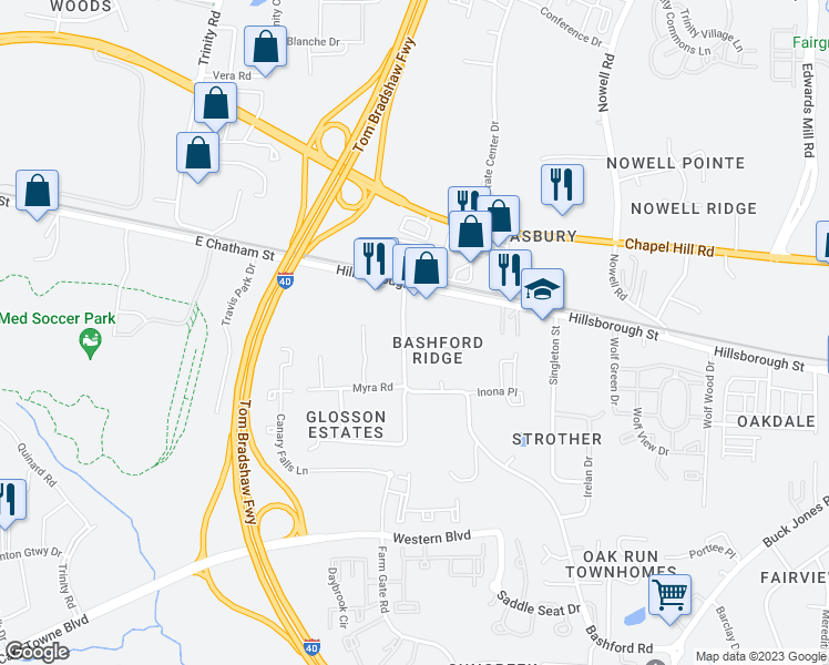 map of restaurants, bars, coffee shops, grocery stores, and more near 25 Bashford Road in Raleigh