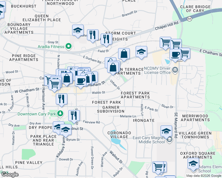 map of restaurants, bars, coffee shops, grocery stores, and more near 319 Waldo Street in Cary