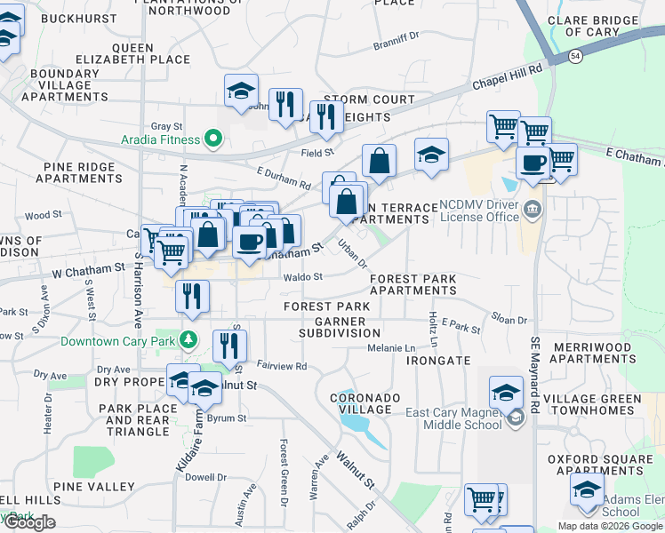 map of restaurants, bars, coffee shops, grocery stores, and more near 319 Waldo Street in Cary