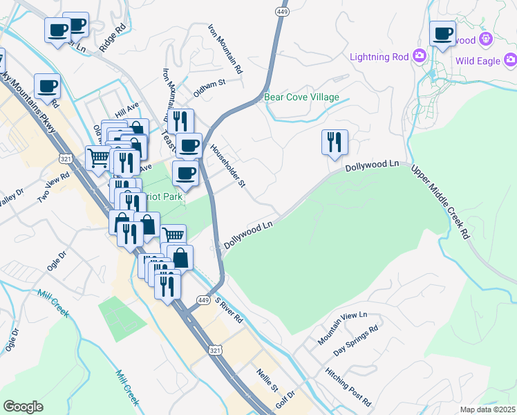 map of restaurants, bars, coffee shops, grocery stores, and more near 3602 Householder Street in Pigeon Forge
