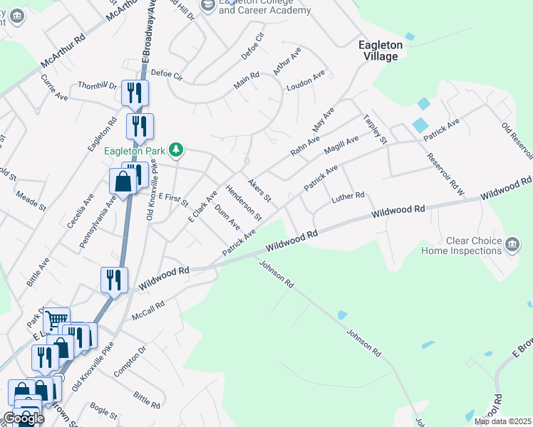 map of restaurants, bars, coffee shops, grocery stores, and more near 2515 Patrick Avenue in Maryville