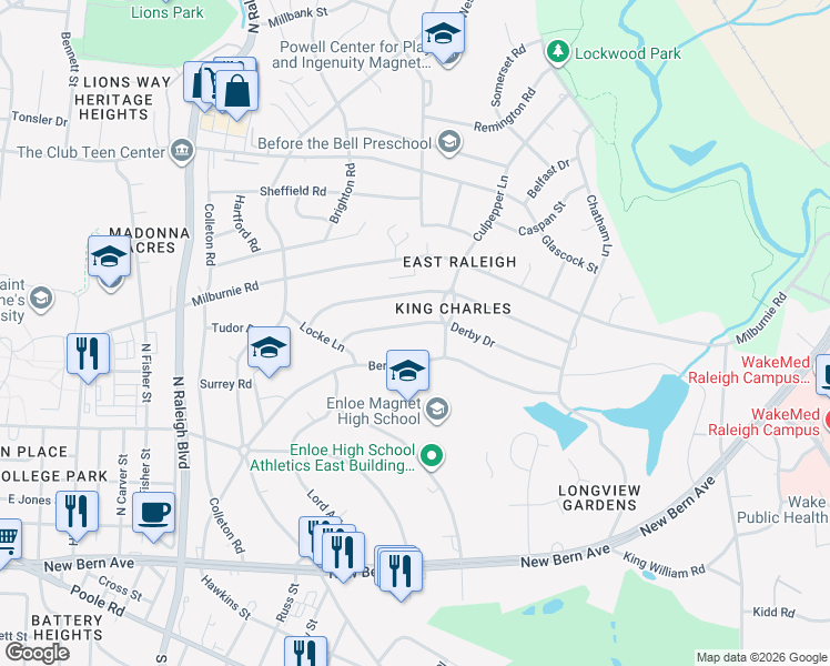 map of restaurants, bars, coffee shops, grocery stores, and more near 2344 Derby Drive in Raleigh