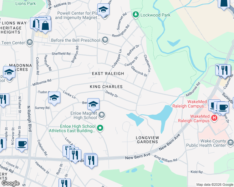 map of restaurants, bars, coffee shops, grocery stores, and more near 2425 Derby Drive in Raleigh