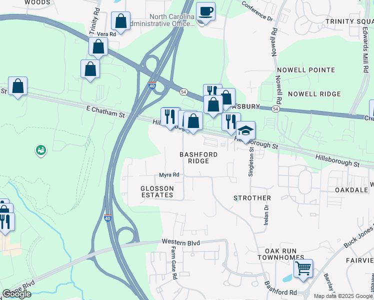 map of restaurants, bars, coffee shops, grocery stores, and more near 25 Bashford Road in Raleigh